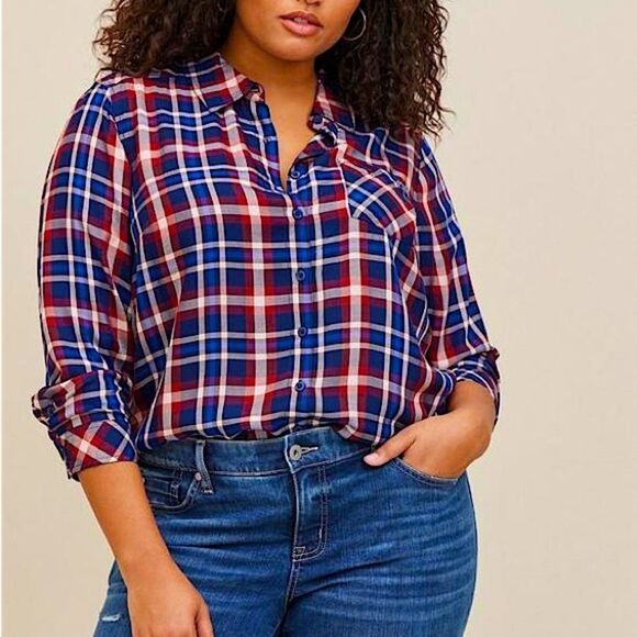 Torrid Women’s Plus Size Lizzie Rayon Twill Long Sleeve Plaid Button-Up Shirt 4X - Picture 1 of 12